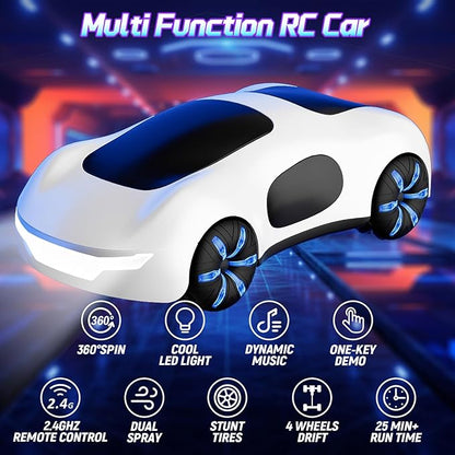 Remote Control Car Gesture Sensing RC Sunt Car 2.4GHz RC Drift Cars with Spray Light and Sound 360° Rotating Side Drifting RC Cars with 2 Batteries Birthday Gifts (White)