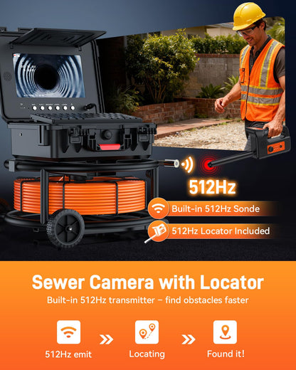 Hialemi 10" Sewer Camera with Locator & Wheels, Self Leveling Plumbing Camera & Distance Counter & 5X Zoom - 145° Pipe Inspection Camera with Lights, 1080P IPS Screen & DVR 32GB(7MM-200Ft/60M)