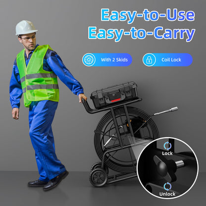 Sanyipace Sewer Camera 230FT/70M with 512Hz Transmitter, Self-Leveling, Drain Plumbing Pipe Inspection Camera with Mic Speaker, DVR Recorder, 16GB TF Card, 9mm Rigid Cable, Pipe Pulley Guide Wheel