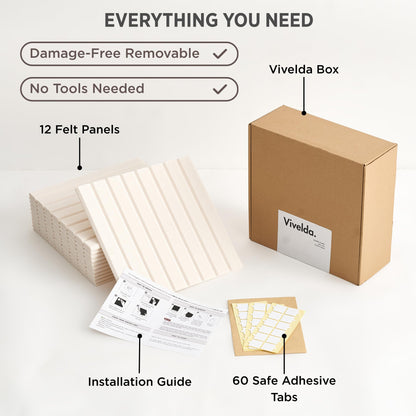 VIVELDA Felt Bulletin Board Tiles 48"x36" - 12-Pack Cork Board Alternative, OEKO-TEX Certified, NRC 0.95 Acoustic Felt Wall Panels, Damage-Free Adhesive, Slatted Design Home Office & Classroom (Linen)
