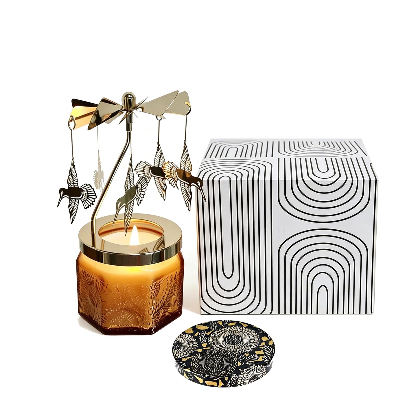 kingnero Lavender Scented Candle Carousel Rotary Candle Holder Spinning Tea Light Holder Birthday Gifts for Women, Mom, Wife, Girlfriend, Sister, Female Friends, (Golden Hummingbird)
