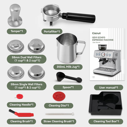 Gevi Dual Boiler Espresso Machine, Built-in Coffee Grinder, 58mm Commercial Portafilter, Professional Steam Wand, 31 Grind Levels, Stainless Steel Silver Home Barista Coffee Maker