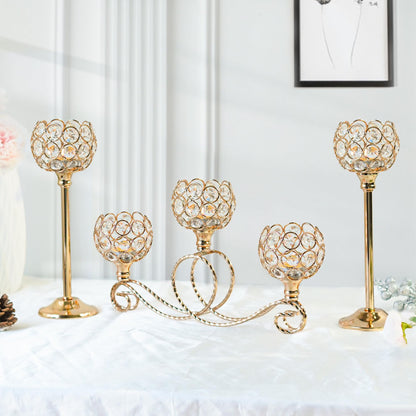 kolnlala Gold 5 Arm Metal Crystal Tea Light Candle Holder, Elegant Wedding Table Centerpiece, Christmas Wishing Bowl Candle Holder