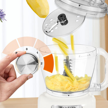 Homtone 16 Cup Food Processor Large, 9-in-1 Vegetable Chopper with 7 Blades for Shredding, Slicing, French Fry Cutting, Meat Grinding, Dough Kneading & Emulsifying, 3 Speeds, Dishwasher Safe, White