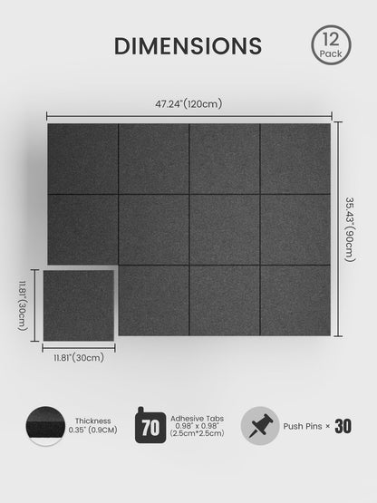 Bumusty Large Cork Board 48" x 36" Alternative - 12 Pack Felt Wall Tiles with 70 Safe Removable Adhesive Tabs, 30 Pushpins, Cork Boards for Walls Pin Board Bulletin Board Office Decor (Charcoal Gray)
