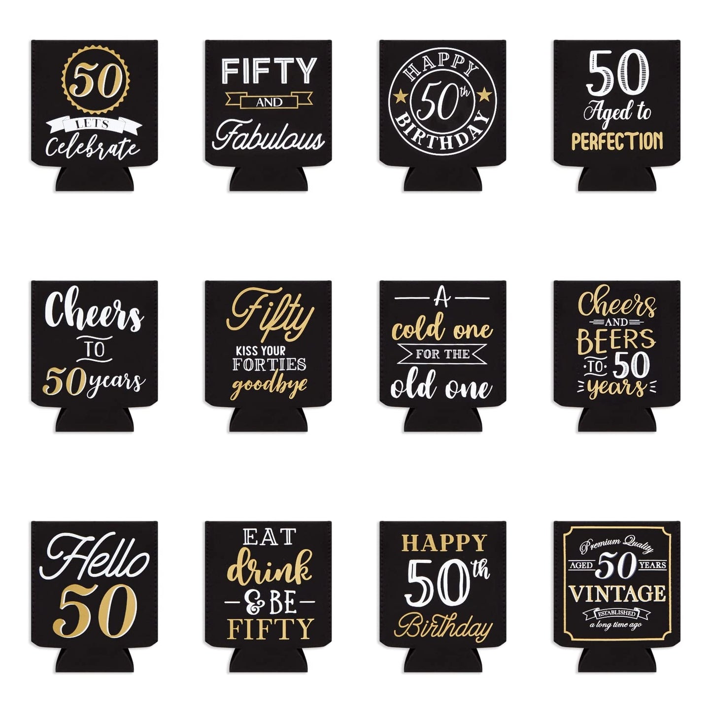 Sparkle and Bash 50th Birthday Can Cooler Sleeves - Medium, Black & Gold, 12-Pack - Insulated Neoprene Holder for 12 Oz Cans, 50th Birthday Party Favors & Decorations