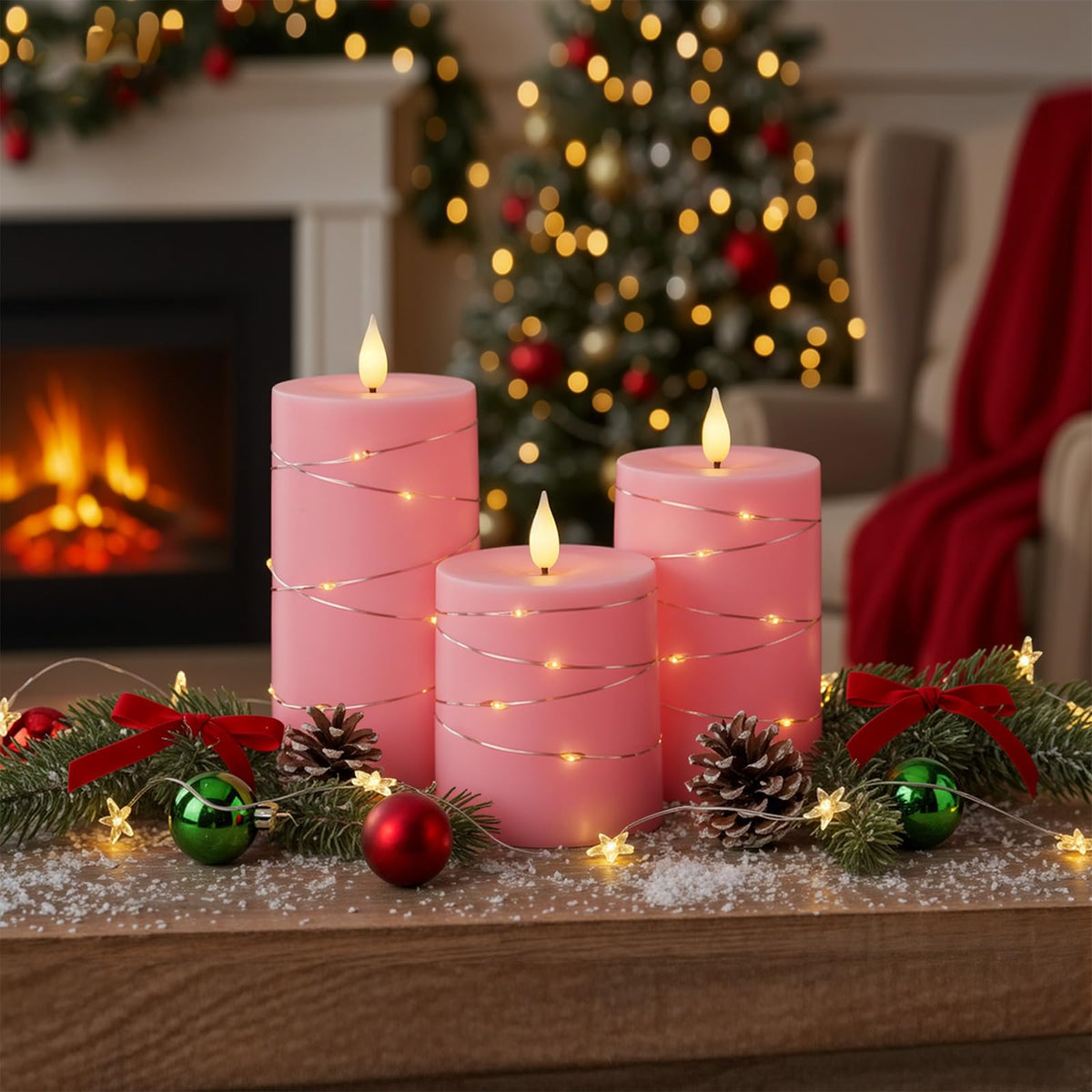 Raycare Easter Pink Flameless Candles with Remote Timer, Flickering Battery Operated LED Pillar Fake Candle with String Lights for Home Decor, Christmas, Wedding and Gift, Set of 3
