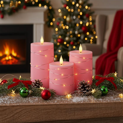 Raycare Easter Pink Flameless Candles with Remote Timer, Flickering Battery Operated LED Pillar Fake Candle with String Lights for Home Decor, Christmas, Wedding and Gift, Set of 3