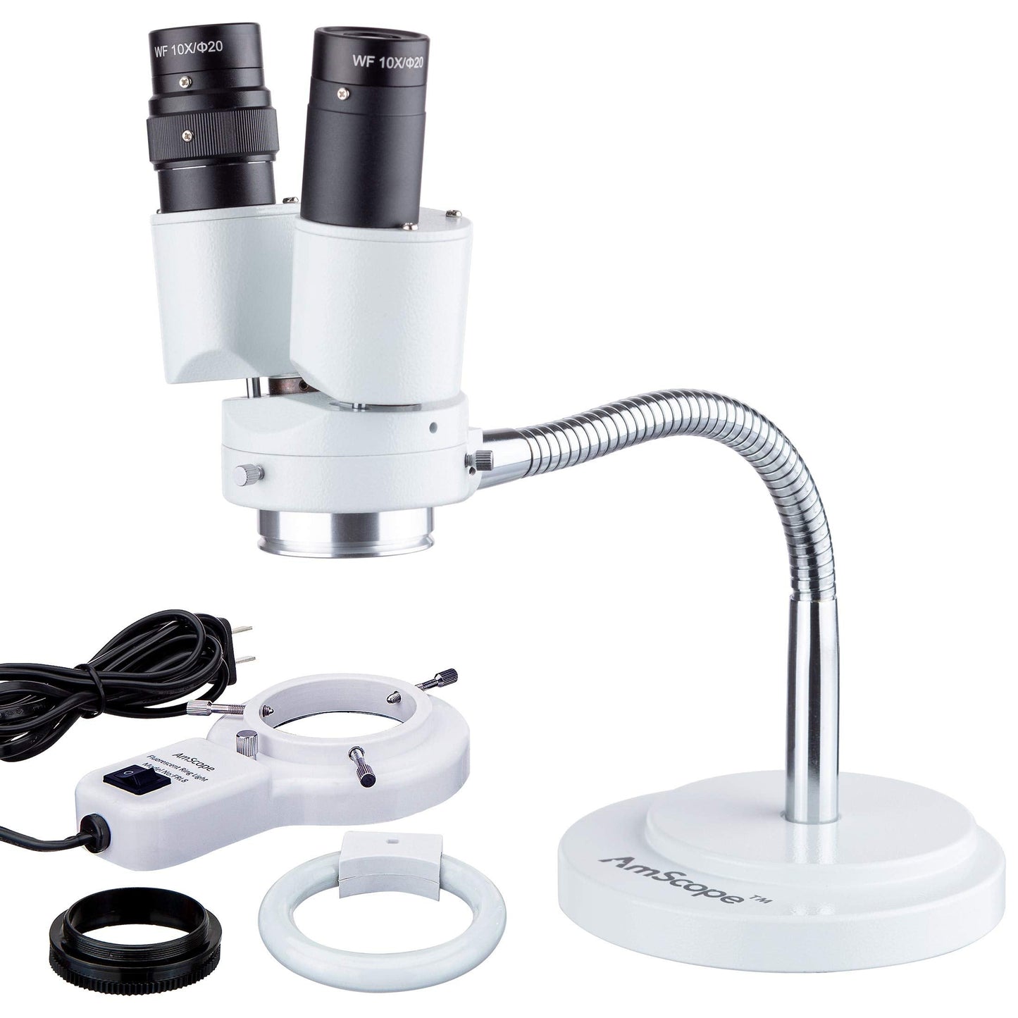 AmScope - 8X Binocular Stereo Microscope w/ 360 Revolve + 8W Fluorescent Ring Light - Gooseneck Illuminator Set for Dental, Lab, Electronic Repairs - SE508-FRL