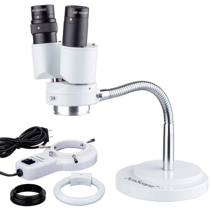 AmScope - 8X Binocular Stereo Microscope w/ 360 Revolve + 8W Fluorescent Ring Light - Gooseneck Illuminator Set for Dental, Lab, Electronic Repairs - SE508-FRL