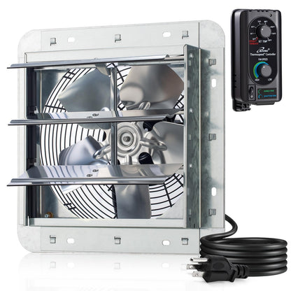 iLiving 10" Wall Mounted Shutter Exhaust Fan, Automatic Shutter, with Thermostat and Variable Speed controller, 65W, 820 CFM, 1200 SQF Coverage Area Silver (ILG8SF10V-ST)