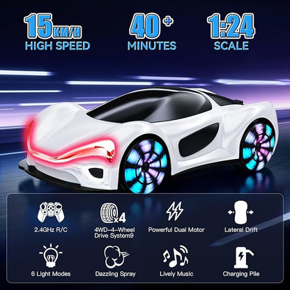 Remote Control CarRC Cars Boys Toys for 6 7 8 9 10 11 12 Year Old 2.4GHz 360° Rotate RC Cars with Cool Lights Music &amp Spray Effects Cool Birthday for Kids &amp Boys 6-12
