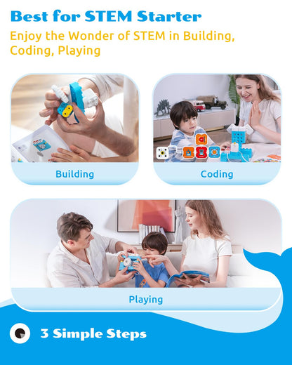 WhalesBot A1 Coding Toy for Kids, Building Block Robot, Fun STEM Toy with Magnetic Controller and Sensor Blocks, Screen-Free Coding with 3 Guide Books for Kids 3-6