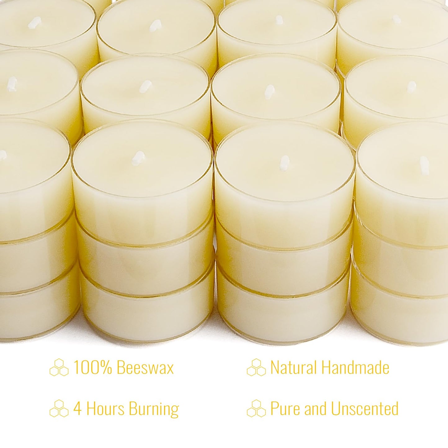 JONERAY 48 Packs Pure Beeswax Tealight Candles Bulk-4 Hour Long Burn Time, Unscented and Smokeless Candles for Home Deco,Wedding (Ivory)