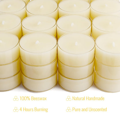 JONERAY 48 Packs Pure Beeswax Tealight Candles Bulk-4 Hour Long Burn Time, Unscented and Smokeless Candles for Home Deco,Wedding (Ivory)