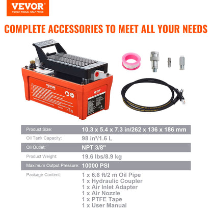 VEVOR Air Hydraulic Pump, 10,000 PSI 1/2 Gal Reservoir, NPT 3/8" Oil Outlet, NPT 1/4" Inlet, 6.6 ft Pipe, Foot Actuated Hydraulic Pump Air Treadle for Auto Body Frame Machines and Pulling Post, Orange