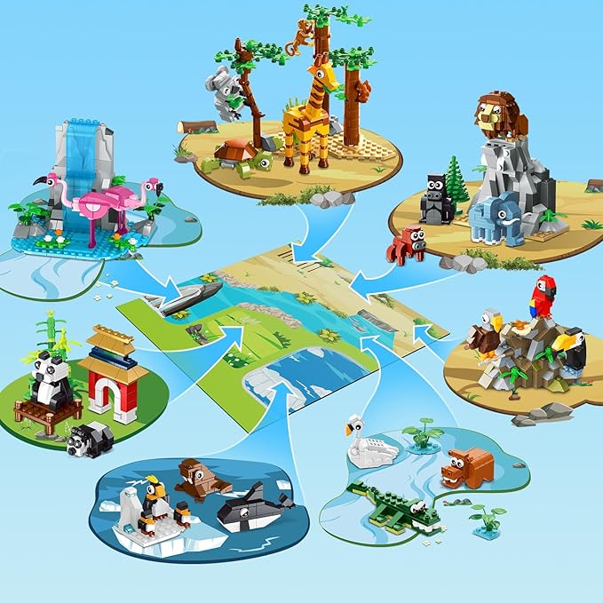 HOGOKIDS 25 Animals Zoo Building Set with Play Mat - 8 Pack Zoo Scene modules Blocks Toy for Easter Valentines Day Party Favors Classroom Prizes Fillers Birthday Gifts for Kids Boys Girls 6+ (1460PCS)