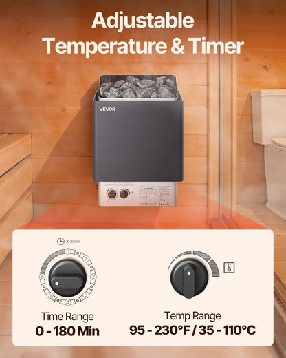 VEVOR Sauna Heater,220V Electric Sauna Stove, Steam Bath Sauna Heate 3h Timer and Adjustable Temp for Max. 176-318 Cubic Feet, Home Hotel Spa Shower Use (6KW) FCC Certification