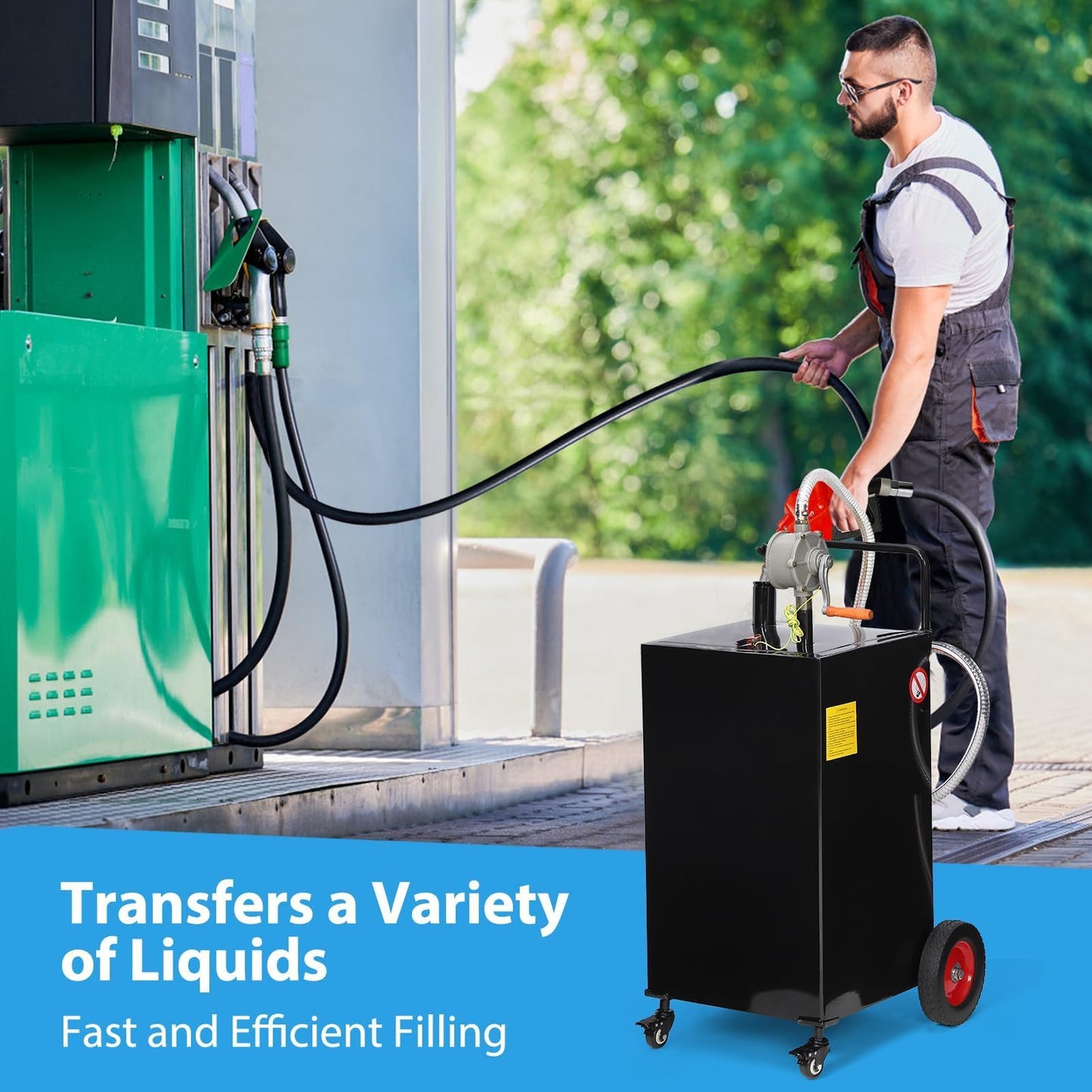 50 Gallon Fuel Caddy with Manual Pump - Heavy Duty Portable Gas & Diesel Transfer Tank on 4 Wheels, Spill-Proof Gasoline Can Container for Truck, Tractor, Boat, ATV, Farm Use, Black