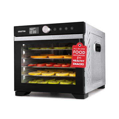 Gourmia Digital Food Dehydrator – 6 Stainless Steel Trays, 360° Airflow, One-Touch Presets, Adjustable Temp 95–165°F, Timer, Glass Door, Quiet Operation, 600W – Healthy Snacks, Jerky, Fruits & More