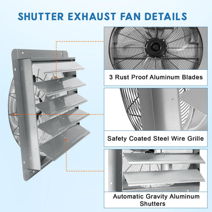 20" Shutter Exhaust Fan Wall Mounted, 3500 CFM High-Speed Ventilation, 1500 RPM Low-Noise Operation Vent Fan with Aluminum Blades & Automatic Shutter, Perfect for Attic, Garage, Greenhouse, Workshop
