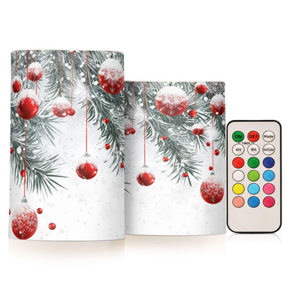 Christmas Lights Flameless Candles Winter Christmas Balls Snowflakes Pillar Candles Set of 2 Battery Operated Remote Control Warm Lights Home Decor