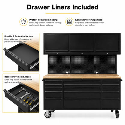 CHETTO C 72 inch Tool Chest Tool Box Mobile 15 Drawers Storage 3 Upper Cabinets SS-Pegboard Rolling Cabinet with Wheels Lock Key Locking System Drawer Liners for Garage Warehouse Repair Shop Black