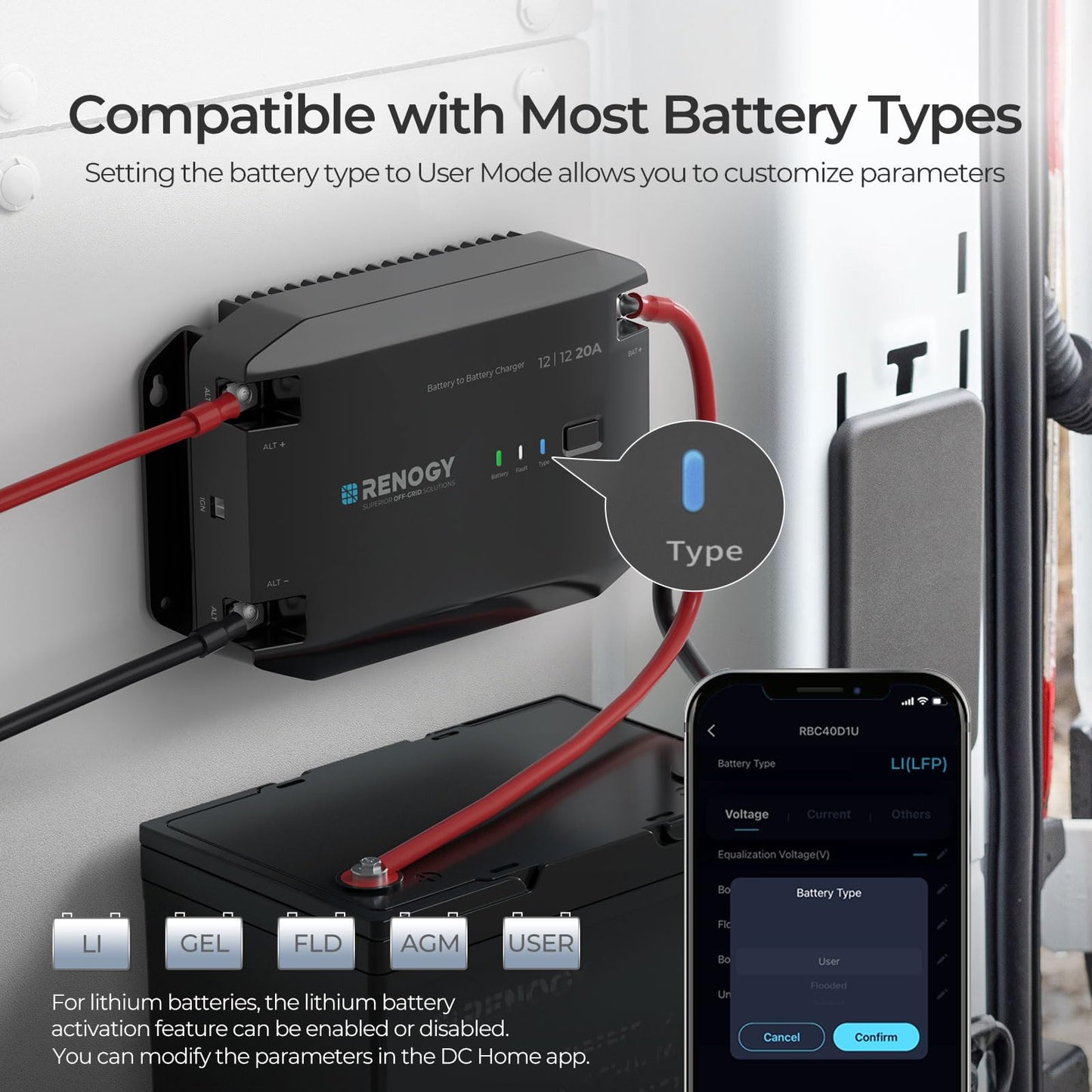 Renogy DC to DC Charger 12V 20A - Multi-Stage Charger for LiFePO4, AGM, Gel, Flooded Batteries | Car, RV, Marine & Boat Battery Charger with Bluetooth Compatibility