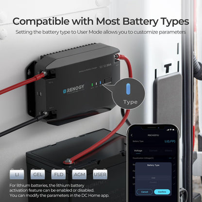 Renogy DC to DC Charger 12V 20A - Multi-Stage Charger for LiFePO4, AGM, Gel, Flooded Batteries | Car, RV, Marine & Boat Battery Charger with Bluetooth Compatibility