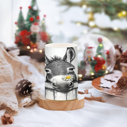 Black White Donkey Flowers Wooden Flickering Flameless Candles LED Battery Operated with Remote Timer Pillar Candles for Home Birthday Wedding Christmas Decor, Set of 2