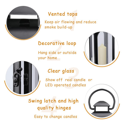 Bdor 2 Pack Luxury Black Metal Lanterns – 16" Tall Modern Hurricane Candle Lanterns with Tempered Glass Panels for Front Porch, Tabletop, Mantel, Wall Hanging, Garden, Indoor & Outdoor Décor