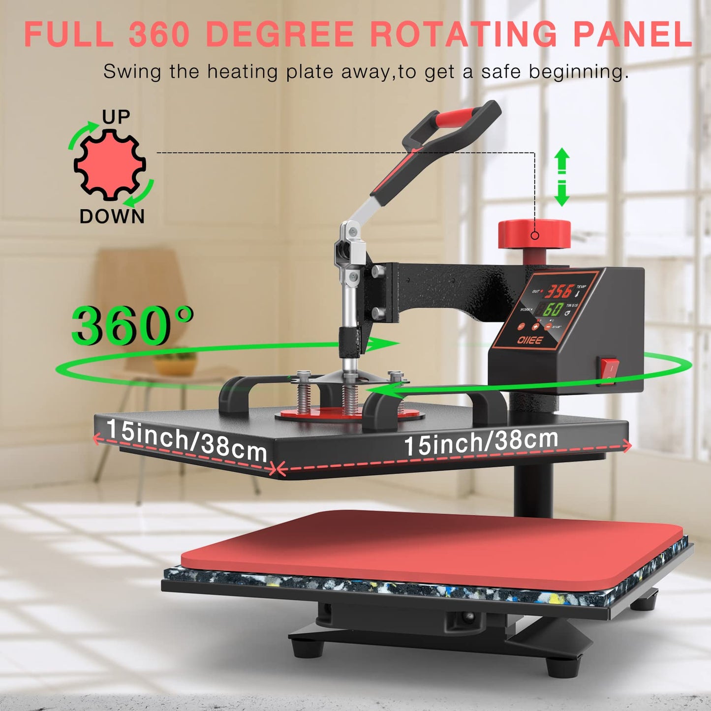 OIIEE Heat Press Machine 8 in 1 Combo Heat Press 15 x 15 Inch Heat Transfer Machine 360-Degree Swing Away Digital Shirt Printing Multifunction Heat Transfer Sublimation for T Shirts Mugs Hat Plate Cap