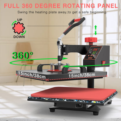 OIIEE Heat Press Machine 8 in 1 Combo Heat Press 15 x 15 Inch Heat Transfer Machine 360-Degree Swing Away Digital Shirt Printing Multifunction Heat Transfer Sublimation for T Shirts Mugs Hat Plate Cap