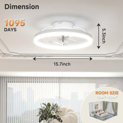 VOLISUN Low Profile Ceiling Fans with Light and Remote,15.7in Modern Bladeless Ceiling Fan with Lights,3000K-6500K Dimmable Flush Mount LED Fan Light,Brown Fandelier Ceiling Fans for Bedroom