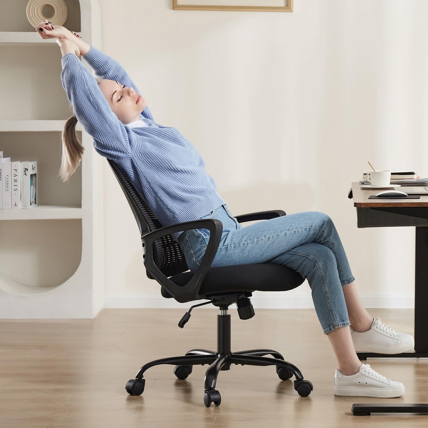 SMUG Home Office Computer Desk Chair, Ergonomic Mid-Back Mesh Rolling Work Swivel Task Chairs with Wheels, Comfortable Lumbar Support, Comfy Arms for Bedroom, Study, Dorm, Student