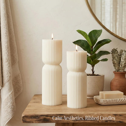 Aesthetic Sandalwood Scented Candles,Ribbed Pillar Candle Set of 2 (7.87" & 9.05" Tall), Natural Soy Wax Minimalist Geometric Decor, Modern Fluted Sculptural Candles for Home,Shelf, Mantel & Gift