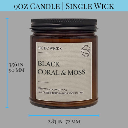 Arctic Wicks Scented Coconut Beeswax Candles | Coconut Beeswax Non Toxic Candle 9oz Amber | Farmhouse Candles Non-Toxic Clean Burn 100% USDA Certified Biobased (Black Coral & Moss)