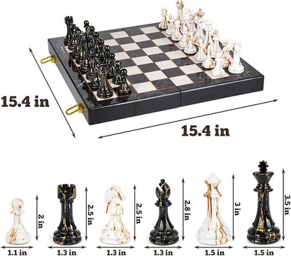 15 Large Chess Set for Adults with Weighted Acrylic Chess Pieces 3.5 King &amp Portable Folding Marbling Wooden Chess Board Travel Chess Sets Family Board Game Gift – Elegant Classic Chess Game