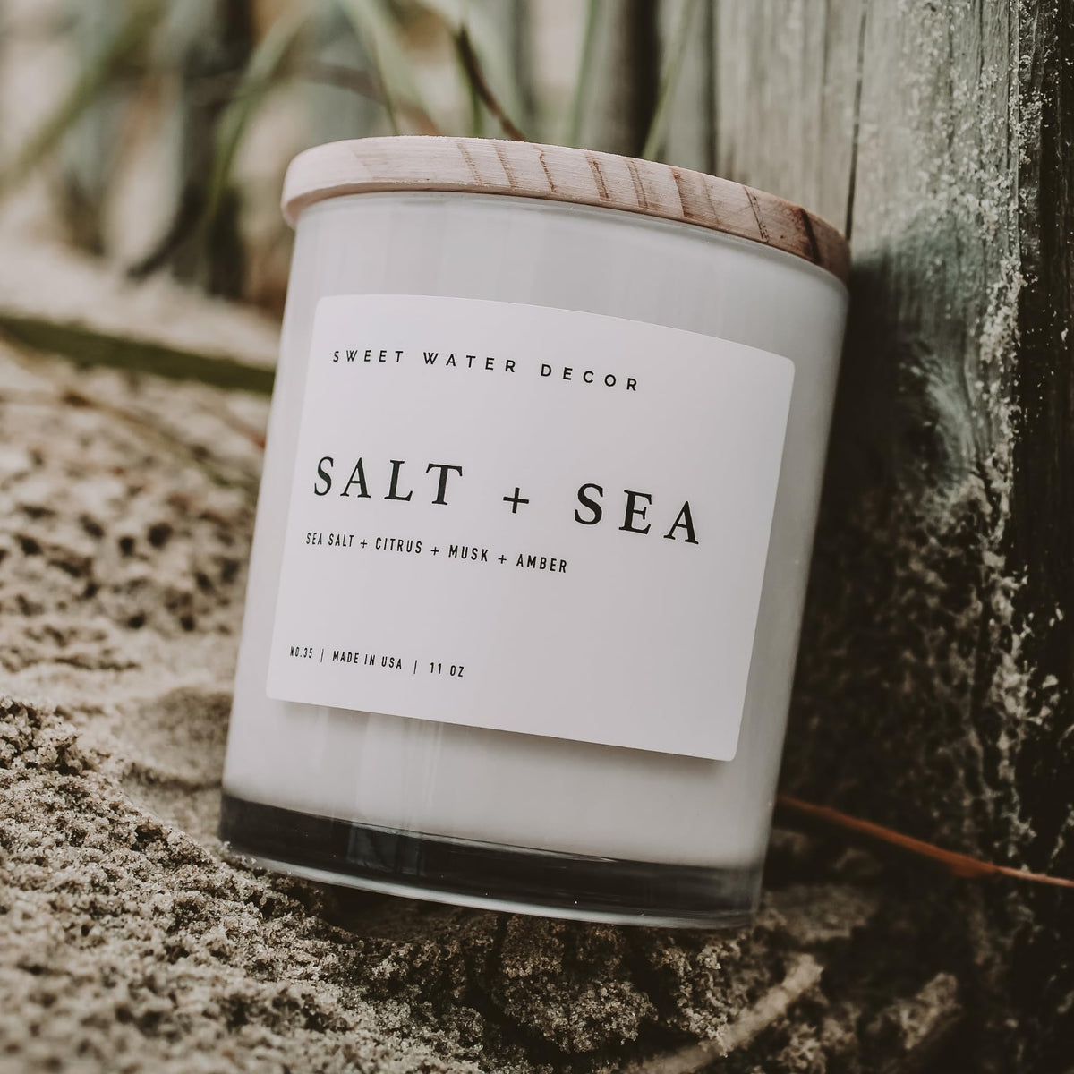 Sweet Water Decor Salt and Sea Candle - Sea Salt, Citrus, Amber, Musk, Beach Scented Soy Candles for Home - 11oz White Glass Jar + Wood Lid, 50+ Hour Burn Time, Made in the USA
