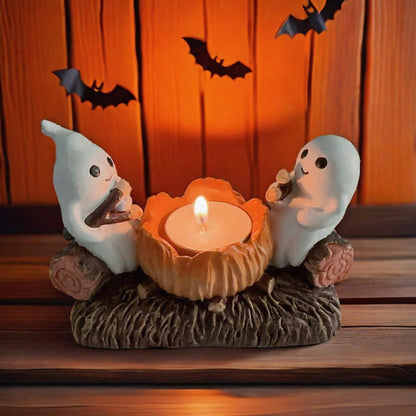 Halloween Candle Holder with Ghost Figurines -Indoor Seasonal Decor Base for Bowl Candles Party & Home Display
