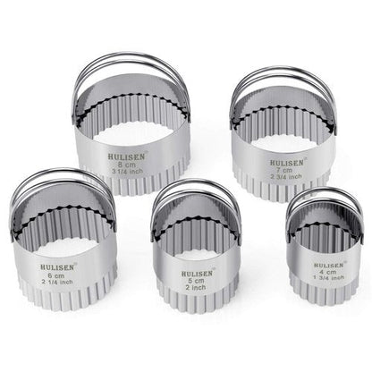 HULISEN Biscuit Cutter Set (5 Pieces/Set), Stainless Steel Round Biscuit Cutters with Handle, Wave Cookies Cutter with Fluted Edge, Professional Baking Dough Tools, Gift Package (Wave)