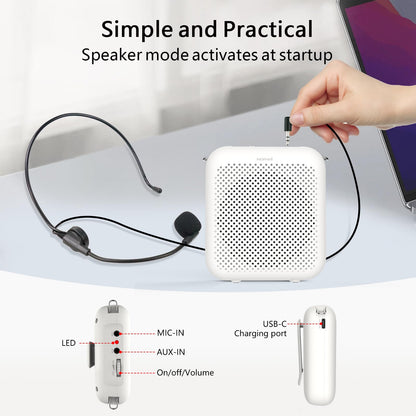 Norwii Bluetooth Voice Amplifier, Power Amplifiers, Portable Mini Wired Microphone Headset for Teacher Classroom & Outdoor Lectures, Teaching, Tour Guides, USB-C Rechargeable - 4000mAh, White