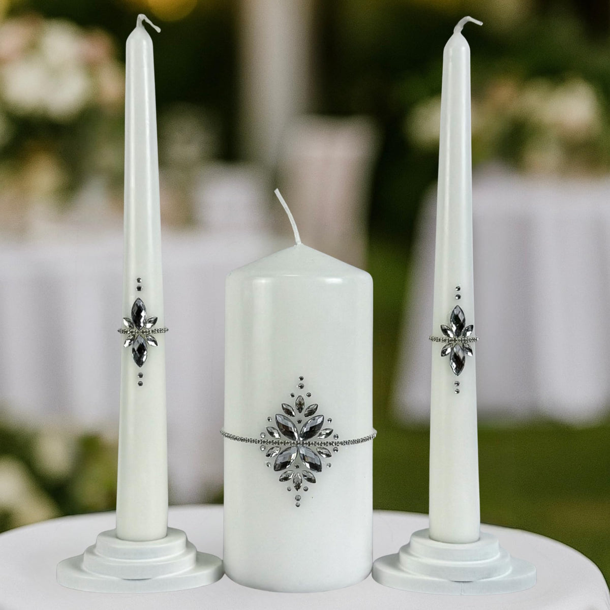 Magik Life Unity Candle Set - Wedding Ceremony & Reception – 6” Pillar & Two 10” Taper Candles – Long Burning Unity Candles for Marriage Ritual – Handmade in USA –White|Cristal|Classic