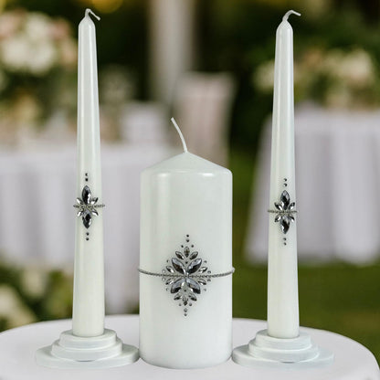 Magik Life Unity Candle Set - Wedding Ceremony & Reception – 6” Pillar & Two 10” Taper Candles – Long Burning Unity Candles for Marriage Ritual – Handmade in USA –White|Cristal|Classic