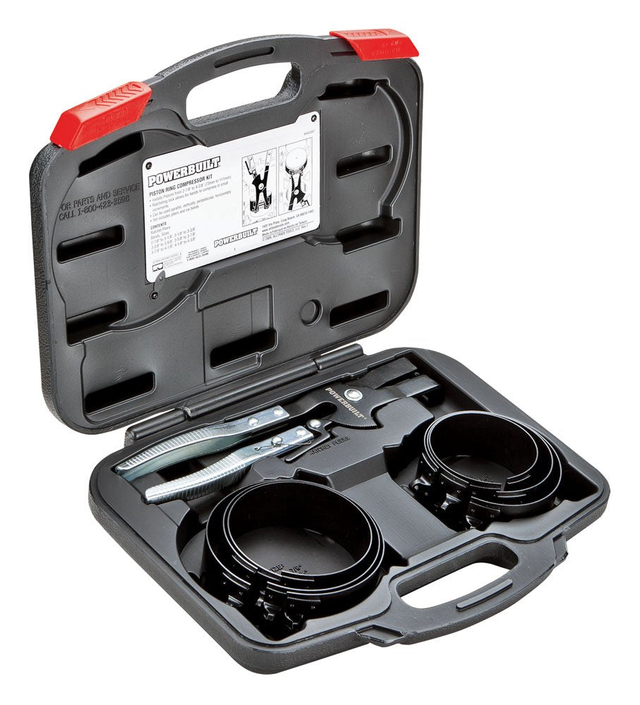 Powerbuilt Piston Ring Compressor Tool Set for Car Engine, Vehicle Maintenance Clamps, Ratchet Pliers, Storage Case - 940387