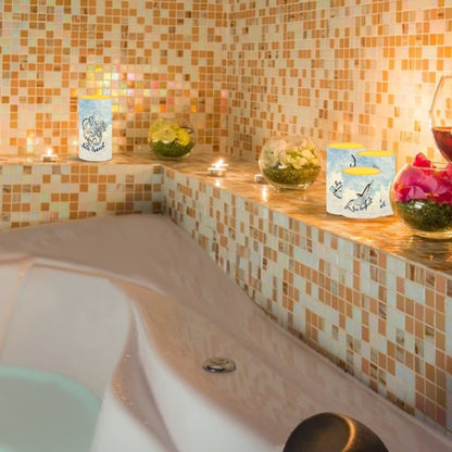 Cozeyat Flameless Tealights 4 Pieces,Sea Travel Pattern Electric Tea Lights in Warm Yellow,Flickering Wax Moving Votive Candles with Remote Control,Daily Use