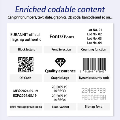 Eurannit Automatic Inkjet Coding Machine for Production Line, Thermal Inkjet Printer 260E with 7”Touchable Screen for Date/Batch/QRCode/Barcode/Logo etc (2 Nozzle / 1 in)