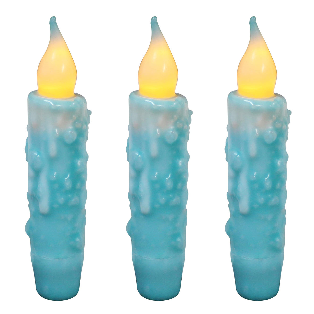CVHOMEDECO. Real Wax Hand Dipped Battery Operated LED Timer Taper Candles Rustic Primitive Flameless Lights Decor, 4-3/4 Inch, Teal, 3 PCS in a Package