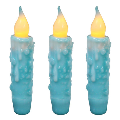 CVHOMEDECO. Real Wax Hand Dipped Battery Operated LED Timer Taper Candles Rustic Primitive Flameless Lights Decor, 4-3/4 Inch, Teal, 3 PCS in a Package