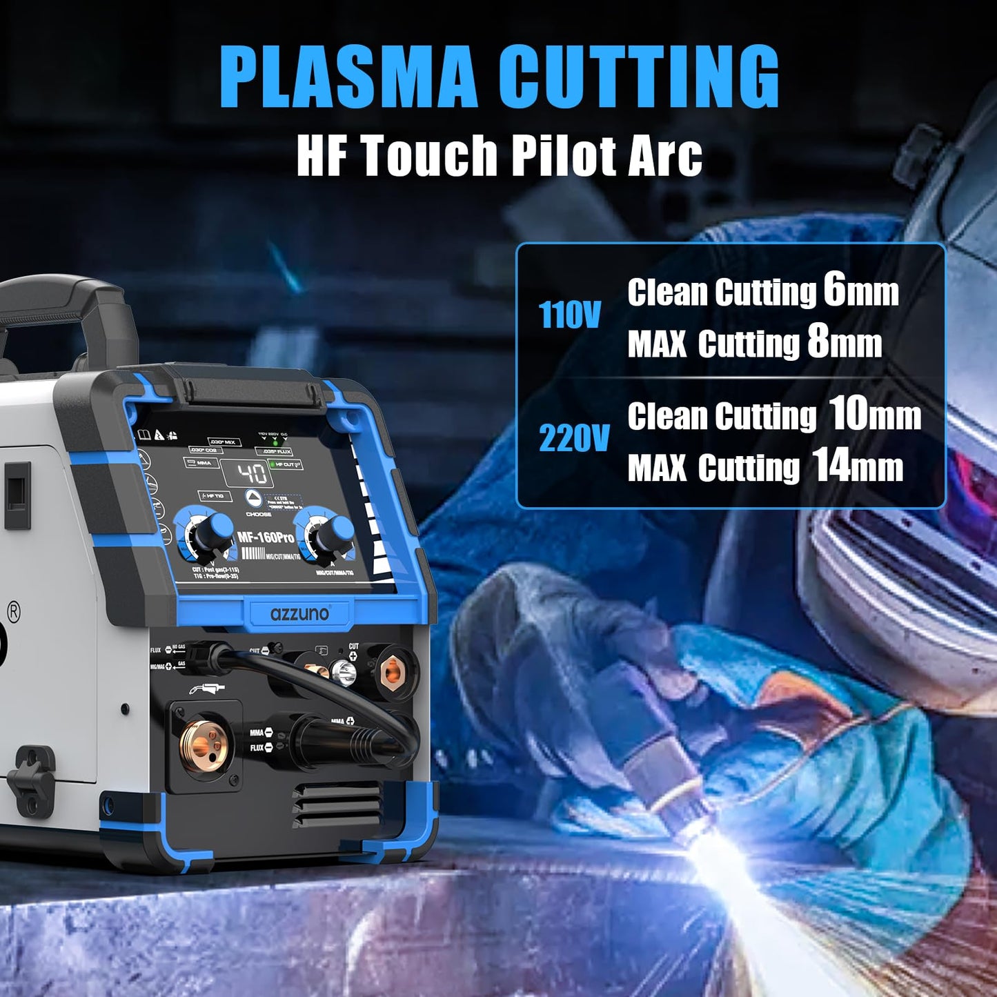 AZZUNO Plasma Cutter Welder Combo 160A, 5 in 1 Plasma Cut/Gas MIG/Flux MIG/HF TIG/Stick Welder Machine, 110V/220V Multiprocess Welding machine(Light Grey)
